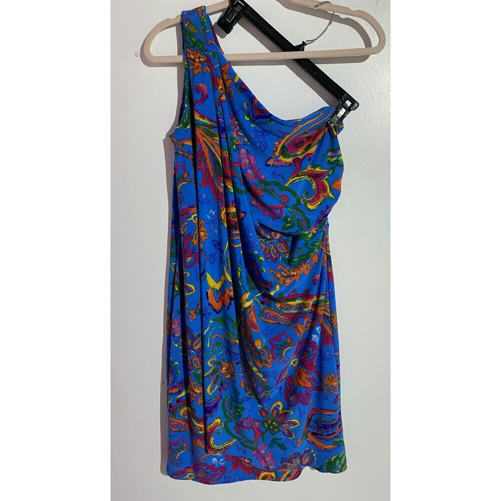Ralph Lauren Dress 8 Blue Vibrant Artsy Slinky Knit Faux Wrap Vacation Cocktail
